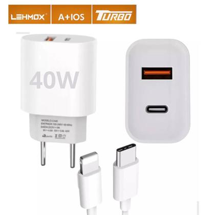 Imagem de Carregador Turbo Fonte 40W Cabo Tipo C x Ligthning Compatível com iPhone 11 12 13 14 Pro Max SE X XR 7 8 Plus