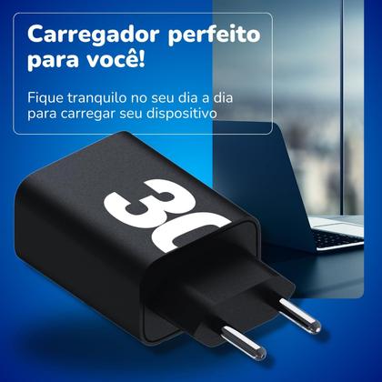 Imagem de Carregador Turbo Rápido 30W Compatível para Samsung Galaxy S20 S21 S22 S23 S24 S7 A10 A70 A71 A50 A51 A10 A01 A02 A03 J7 J8 Ultra Tab Tablet (Preto)