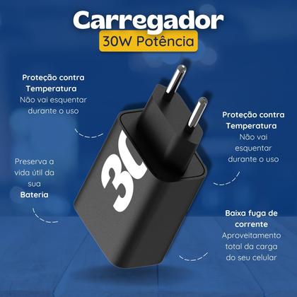 Imagem de Carregador Turbo Rápido 30W Compatível para Samsung Galaxy S20 S21 S22 S23 S24 S7 A10 A70 A71 A50 A51 A10 A01 A02 A03 J7 J8 Ultra Tab Tablet (Preto)
