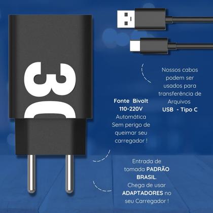 Imagem de Carregador Turbo Rápido 30W Compatível para Samsung Galaxy S20 S21 S22 S23 S24 S7 A10 A70 A71 A50 A51 A10 A01 A02 A03 J7 J8 Ultra Tab Tablet (Preto)