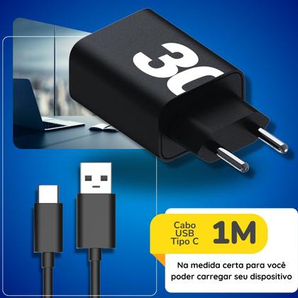 Imagem de Carregador Turbo Rápido 30W Compatível para Samsung Galaxy S20 S21 S22 S23 S24 S7 A10 A70 A71 A50 A51 A10 A01 A02 A03 J7 J8 Ultra Tab Tablet (Preto)