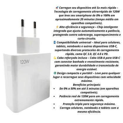 Imagem de carregador turbo tipo c fonte 120w cabo compatível xiaomi samsung carga ultra rápida