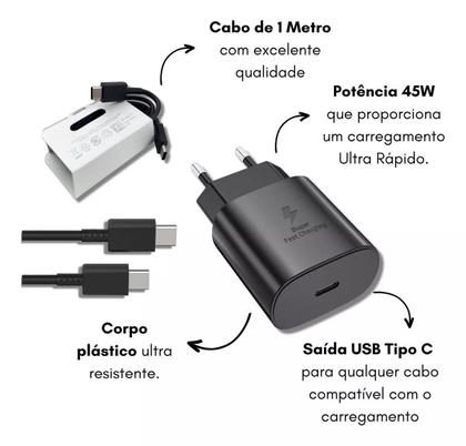 Imagem de Carregador Turbo Tipo - C Fonte 45W + Cabo Compatível com Samsung Galaxy Carga Ultra Rápida