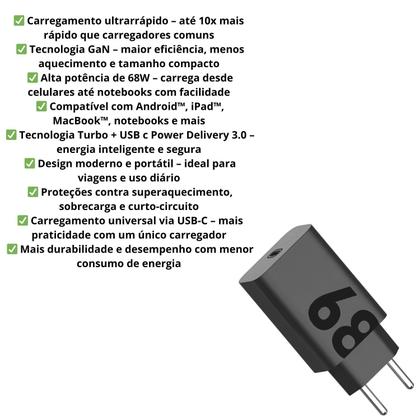 Imagem de carregador turbo tipo c fonte 68w cabo compatível com motorola samsung carga ultra rápida
