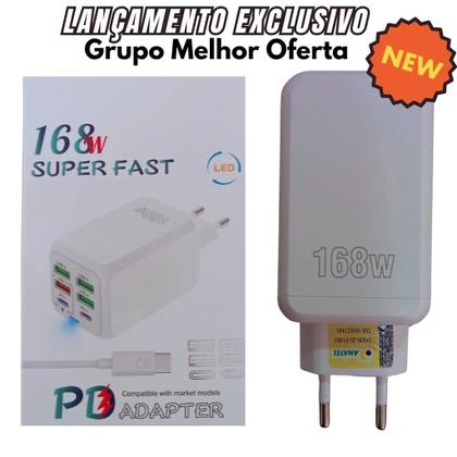 Imagem de Carregador Turbo TipoC 4 USB 2 PD 168w Super Rápido Fast MI turbo charger 6 saídas com cabo PD