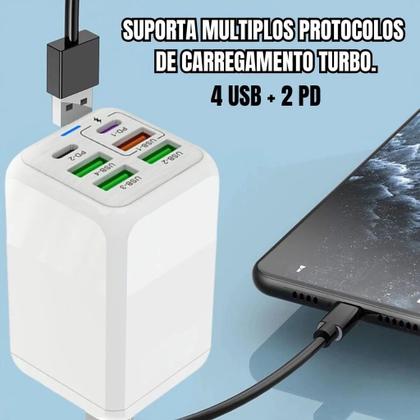 Imagem de Carregador Turbo TipoC 4 USB 2 PD 168w Super Rápido Fast MI turbo charger 6 saídas com cabo PD