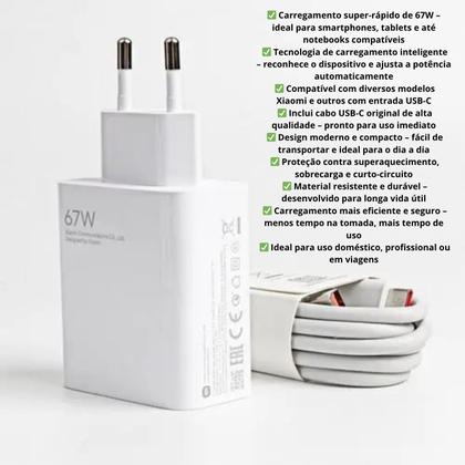 Imagem de Carregador Turbo UsbC 67W Compatível com Xiaomi Note 11 12 13 Poco X3 X4 X5 X6 Pro
