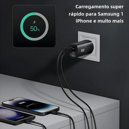 Imagem de Carregador USB Tipo C GAN 65W - Carga Rápida para Macbook, Laptop, iPad, iPhone e Samsung S23 Ultra