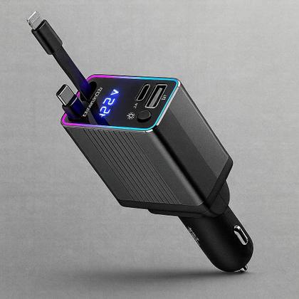 Imagem de Carregador Veicular 4 Em 1 Turbo Cabo Retrátil 120w Com Usb Duplo E Tipoc Tomada Plug Acendedor Display Led Compatível