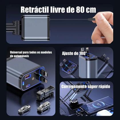 Imagem de Carregador Veicular 4 Em 1 Turbo Cabo Retrátil 120w Com Usb Duplo E Tipoc Tomada Plug Acendedor Display Led Compatível