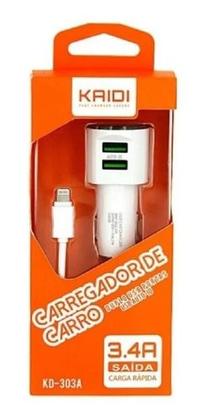 Imagem de Carregador Veicular Carga Rápida 2 Usb + Cabo Lightning Compatível Iphone Kaidi KD-303A