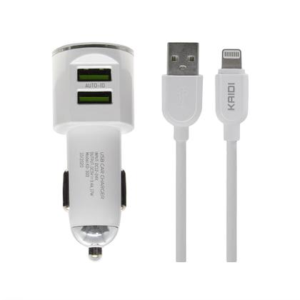 Imagem de Carregador Veicular Carga Rápida 2 Usb + Cabo Lightning Compatível Iphone Kaidi KD-303A