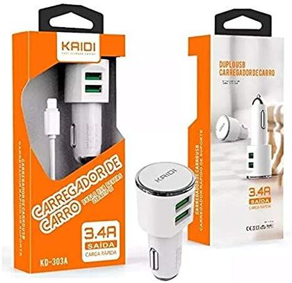 Imagem de Carregador Veicular Carga Rápida 2 Usb + Cabo Lightning Compatível Iphone Kaidi KD-303A