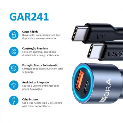 Imagem de Carregador Veicular Carro Duplo Usb Cinza 38w 20w Com Cabo