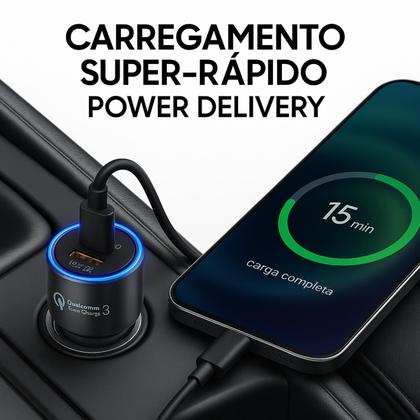 Imagem de Carregador Veicular Super Turbo 67,5W Carregamento Ultra Rápido  USBC Power Delivery USB QC 3.0  Compatível e Seguro Preto ANATEL