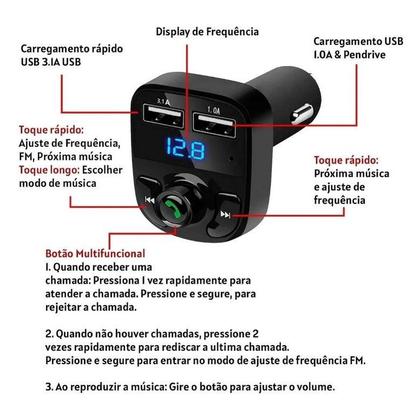 Imagem de Carregador Veicular Transmissor e Receptor FM Veicular X8