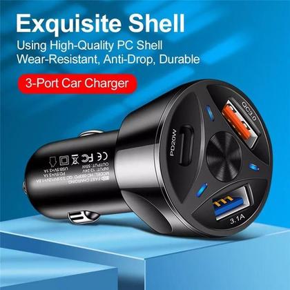 Imagem de Carregador Veicular USB e TIPO-C Turbo 3 Portas - Carregador Para Carros Turbo Rápido - Quick Charg