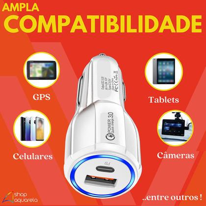 Imagem de Carregador Veicular USB/Tipo-C Quick Charge 3.0 + Cabo Carregamento Rápido para Carro