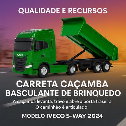 Imagem de Carreta Basculante Iveco S-Way Caminhão de Brinquedo Realista Ergue Caçamba na Caixa