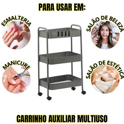 Imagem de Carrinho Auxiliar com 3 Prateleiras com rodinhas para Salão de Beleza Maquiagem Barbearia Pedicure Manicure Esmalteria Estética Facial multiuso 