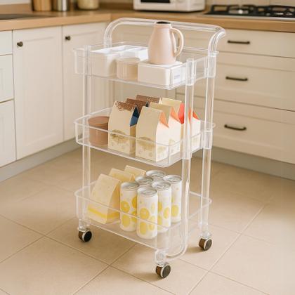 Imagem de Carrinho Auxiliar de Acrílico Transparente com 3 Prateleiras e Rodinhas
