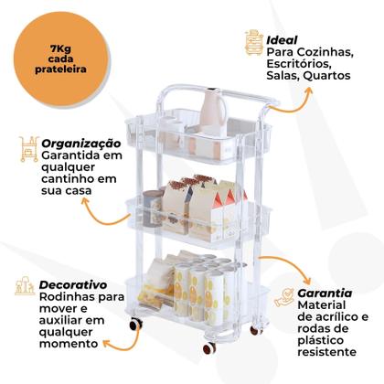 Imagem de Carrinho Auxiliar de Acrílico Transparente com 3 Prateleiras e Rodinhas