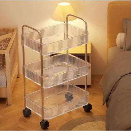 Imagem de Carrinho Auxiliar Organizador Multiuso Portátil C/ Rodinhas 3 Prateleiras Acrílico Resistente Ideal P/ Salão de Beleza