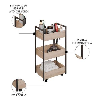 Imagem de Carrinho Auxiliar Para Salão De Beleza Industrial Liss M24 Freijó/preto - Mpozenato