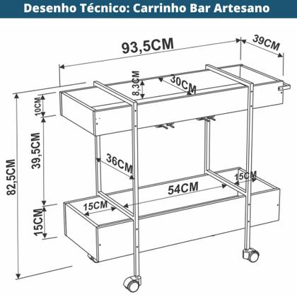 Imagem de Carrinho Bar Rodízio Artesano 93,5 cm (largura) em MDP Vermont Estrutura Metálica em Aço Preto