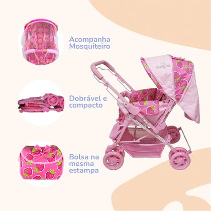 Imagem de Carrinho Bebê Passeio Menina Menino Reclinável Vira Berço Alça Reversível com Mosquiteiro Bamboo + Bolsa