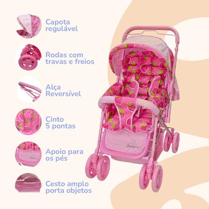 Imagem de Carrinho Bebê Passeio Menina Menino Reclinável Vira Berço Alça Reversível com Mosquiteiro Bamboo + Bolsa