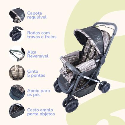 Imagem de Carrinho Bebê Passeio Menina Menino Reclinável Vira Berço Alça Reversível com Mosquiteiro Bamboo + Bolsa