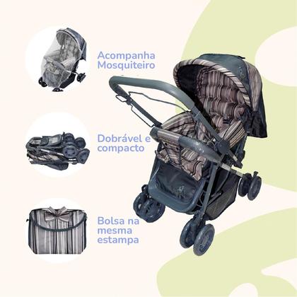 Imagem de Carrinho Bebê Passeio Menina Menino Reclinável Vira Berço Alça Reversível com Mosquiteiro Bamboo + Bolsa