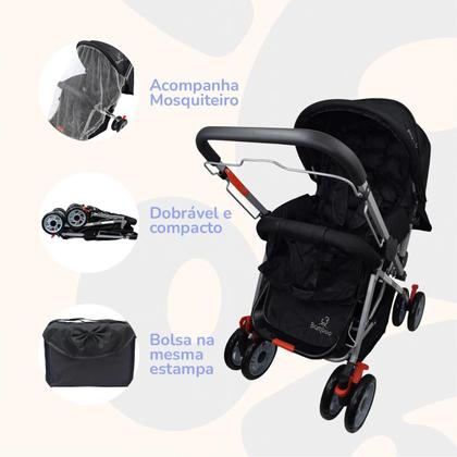 Imagem de Carrinho Bebê Passeio Menina Menino Reclinável Vira Berço Alça Reversível com Mosquiteiro Bamboo + Bolsa