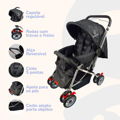 Imagem de Carrinho Bebê Passeio Menina Menino Reclinável Vira Berço Alça Reversível com Mosquiteiro Bamboo + Bolsa