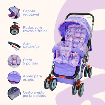Imagem de Carrinho Bebê Passeio Menina Menino Reclinável Vira Berço Alça Reversível com Mosquiteiro Bamboo + Bolsa