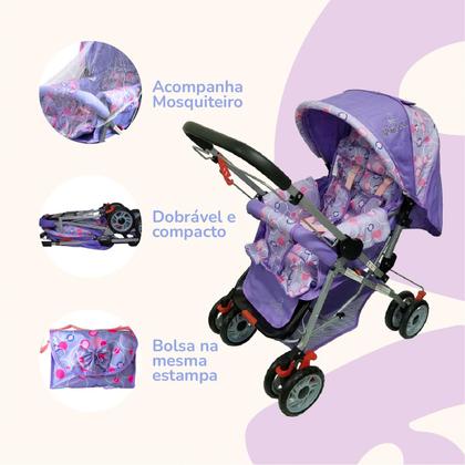 Imagem de Carrinho Bebê Passeio Menina Menino Reclinável Vira Berço Alça Reversível com Mosquiteiro Bamboo + Bolsa