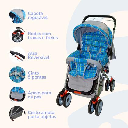 Imagem de Carrinho Bebê Passeio Menina Menino Reclinável Vira Berço Alça Reversível com Mosquiteiro Bamboo + Bolsa