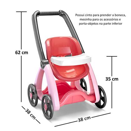 Imagem de Carrinho de Bebê de Brinquedo para Levar Bonecas com Mesa de Papinha 62cm Roma
