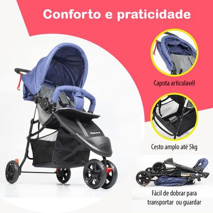 Imagem de Carrinho De Bebê EasyGo Com Cesto 3 Rodas Até 15kg KaBaby - Azul