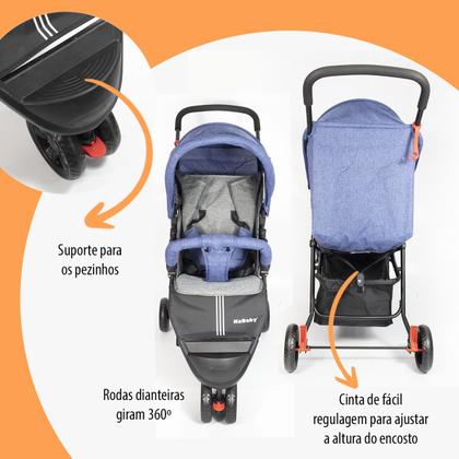 Imagem de Carrinho De Bebê EasyGo Com Cesto 3 Rodas Até 15kg KaBaby - Azul