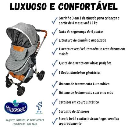 Imagem de Carrinho de bebe europeu luxo 3 em 1 ares cinza - passear baby