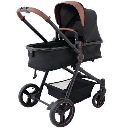 Imagem de Carrinho de Bebê Galzerano Ivy DUO Berço Passeio Moisés com Bebê Conforto Travel System Reclinável Viagem 0 a 15 Kg Preto Caramelo Fecha com Uma Mão