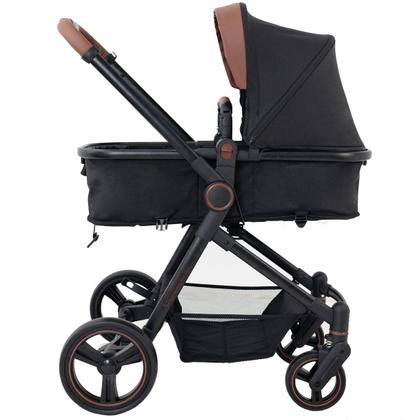 Imagem de Carrinho de Bebê Galzerano Ivy DUO Berço Passeio Moisés com Bebê Conforto Travel System Reclinável Viagem 0 a 15 Kg Preto Caramelo Fecha com Uma Mão