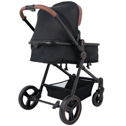 Imagem de Carrinho de Bebê Galzerano Ivy DUO Berço Passeio Moisés com Bebê Conforto Travel System Reclinável Viagem 0 a 15 Kg Preto Caramelo Fecha com Uma Mão