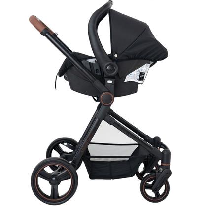 Imagem de Carrinho de Bebê Galzerano Ivy DUO Berço Passeio Moisés com Bebê Conforto Travel System Reclinável Viagem 0 a 15 Kg Preto Caramelo Fecha com Uma Mão