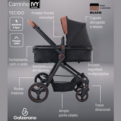 Imagem de Carrinho de Bebê Galzerano Ivy DUO Berço Passeio Moisés com Bebê Conforto Travel System Reclinável Viagem 0 a 15 Kg Preto Caramelo Fecha com Uma Mão