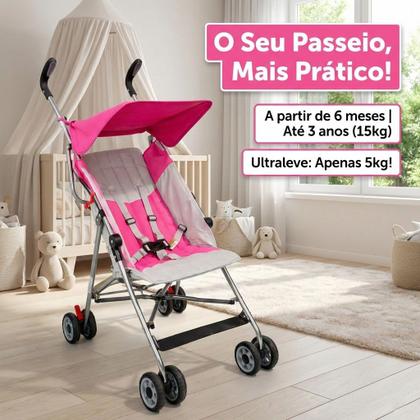 Imagem de Carrinho de Bebê Passeio Infantil Turim Rosa Compacto Estilo Guarda Chuva Reclinável Leve Dobrável