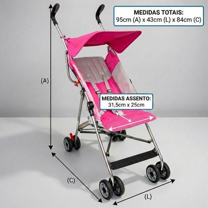 Imagem de Carrinho de Bebê Passeio Infantil Turim Rosa Compacto Estilo Guarda Chuva Reclinável Leve Dobrável