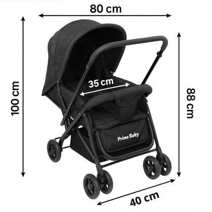 Imagem de Carrinho de Bebê Passeio Prime Baby Berço Preto Rover com Alça Reversível Encosto Reclinável Capota com Visor Até 15kg